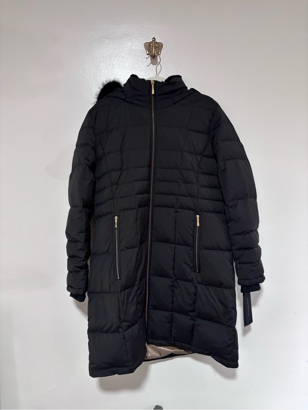 Donna Karan Black Quilted Hooded Puffer Coat with Gold Zippers XL NWT Cozy